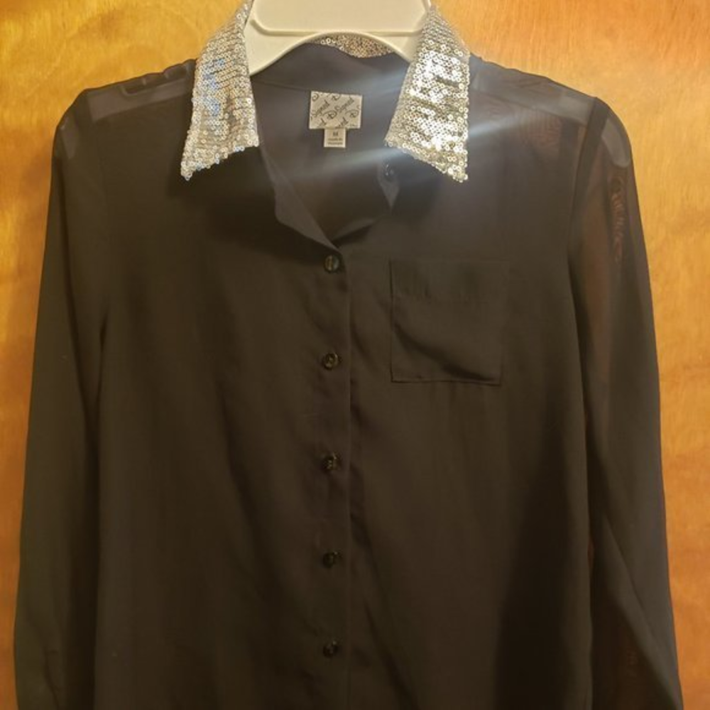Black‎ Sheer Shirt with Bling Collar